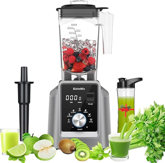 Biolomix Professional Blender, 2200W 6 Automatic Program for Kitchen, Smoothie 70 Oz Capacity with 600 ML Portable Bottle, Ice Blender for Frozen Drinks, Soup, Baby Food（Grey）