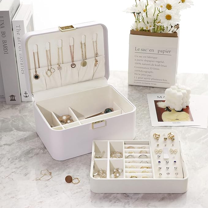 KAMIER Jewelry Box Organizer for Women,2 Layer Jewelry Organizer Boxes for Earrings Bracelets Rings Necklaces,Luxury Leather & Soft Velvet Lined,Gift Box Packaging, White