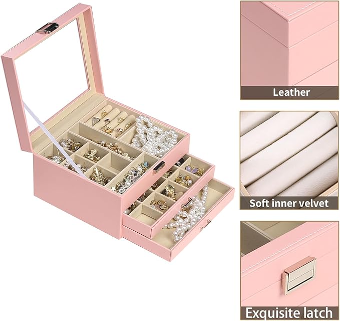 BOOVO Clear Lid Jewelry Box,3 Layers Jewelry Organizer Large Multi-Functional Jewelry Storage Box with 2 Drawers,Jewelry Display Case of Rings Earrings Necklace Bracelets for Women Girls (Pink)