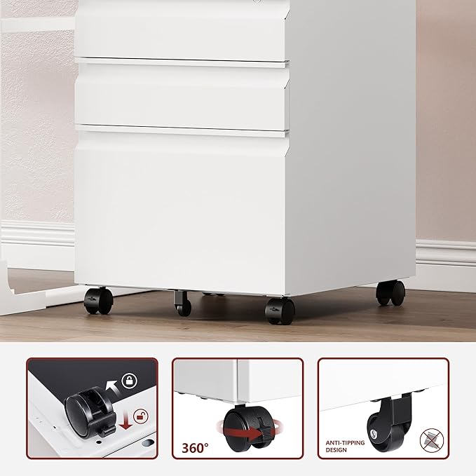 3 Drawer File Cabinet，Mobile Filing Cabinet with Lock and Wheels，Un-Assembled Metal Under Desk File Cabinets for A4/Letter/Legal Size（White