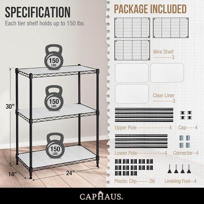 CAPHAUS NSF Black Adjustable 3-Tier Shelf Wire Shelving Unit w/Liner, Garage & Basement Storage Organizer, Metal Steel Shelves