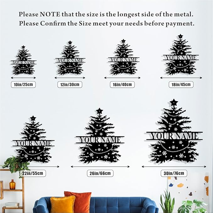 Personalized Christmas Tree Metal Sign, Custom Signs Outdoor Metal Wall Decor, Merry Christmas Tree Signs Wall Decoration for Home Living Room, Bedroom, Office, Garden, Porch