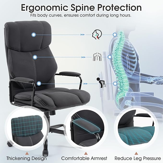 ECOTOUGE Executive Office Chair, Ergonomic Chair with Thick Cushion & Lumbar Support, Computer Chair with Adjustable Height & Armrests, Big and Tall Office Chair, Rolling Swivel Chair,Dark Gray