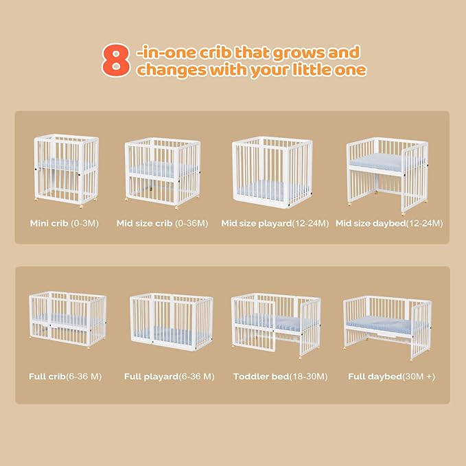JOYMOR 8 in 1 Convertible Crib with Changer, Include 2” Mattress, Converts to Bassinet, Mid Crib, Full Size Crib, Daybed,Toddler Bed and Playard (Crib, White)