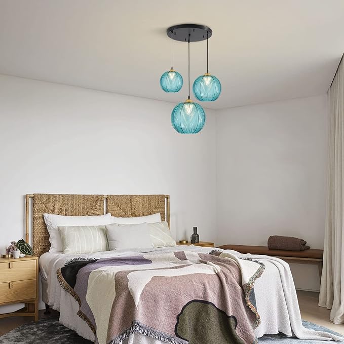 KCO Lighting Modern 3-Light Blue Striped Glass Pendant Light Fixture Nordic Glass Ball Cluster Chandelier Vintage Large Globe Pendant Lighting Mid-Century Black Island Light for Kitchen