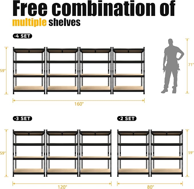 PrimeZone 40" W x 20" D x 59" H Heavy Duty Storage Shelves, 4 Tier Adjustable Garage Shelving Unit, Metal Organizer Shelf Utility Rack for Warehouse Pantry Closet Kitchen, Black