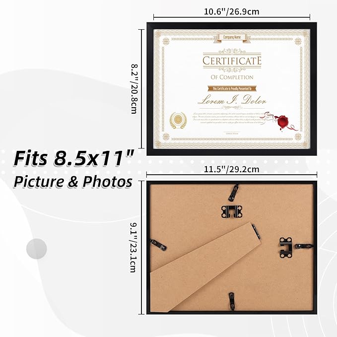 WIFTREY 8.5x11 Certificate Picture Frames Sets of 10, Multi 8.5 by 11 Document Diploma Photo Frame Bulk, Wall Hanging or Tabletop Display, Black