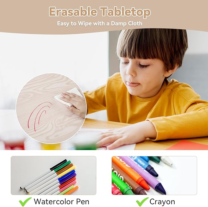 Kids Table and 2 Chairs Set, Height-Adjustable Toddler Table and Chair Set with Graffiti Desktop, 31.5''L x 23.6''W Children Activity Table for Daycare, Classroom, Home