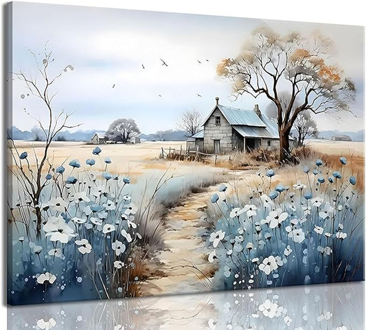 CYULWNNO Rustic Farmhouse Wall Art Beautiful Field Painting Pictures Decor Wildflower Barn Canvas Prints Nature Scenery French Countryside Poster for Bathroom Bedroom Living Room Wall Decor 12x16in Framed