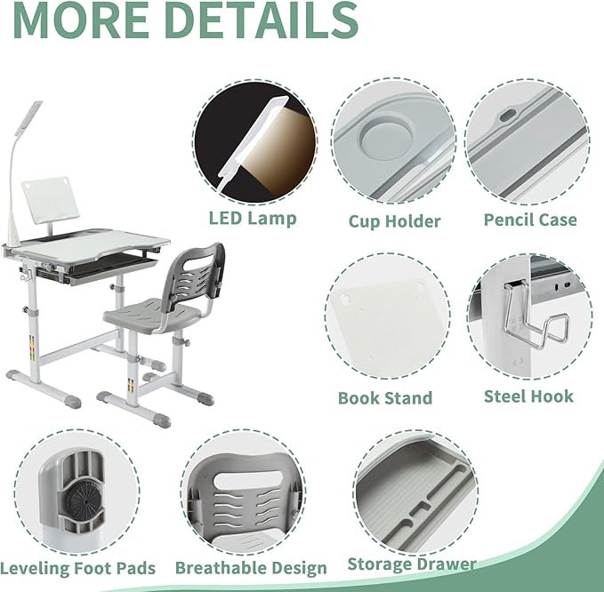 Diroan Kids Functional Desk and Chair Set, Ergonomic Height Adjustable Children School Study Desk with Tilt Desktop, Book Stand, LED Light, Metal Hook and Storage Drawer for Boys Girls(Grey)