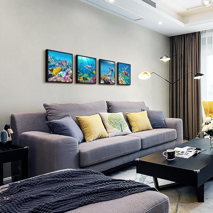 Set Of 4 Piece Black Framed Wall Art For Living Room Family Bedroom Wall Pictures Artwork Bathroom Wall Decor Coral Sea Fish And Turtles Blue Ocean Theme Painting Ready to Hang Modern Home Decor