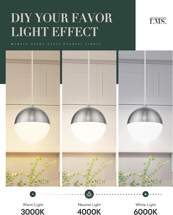 LMS Mid Century Pendant Lights, Brushed Nickel Kitchen Island Light Fixtures with White Globe Glass Shade, Adjustable Hanging Cord, 2-Pack for Home Office Dining Room Bathroom, LMS-186PL-BNWS2PK