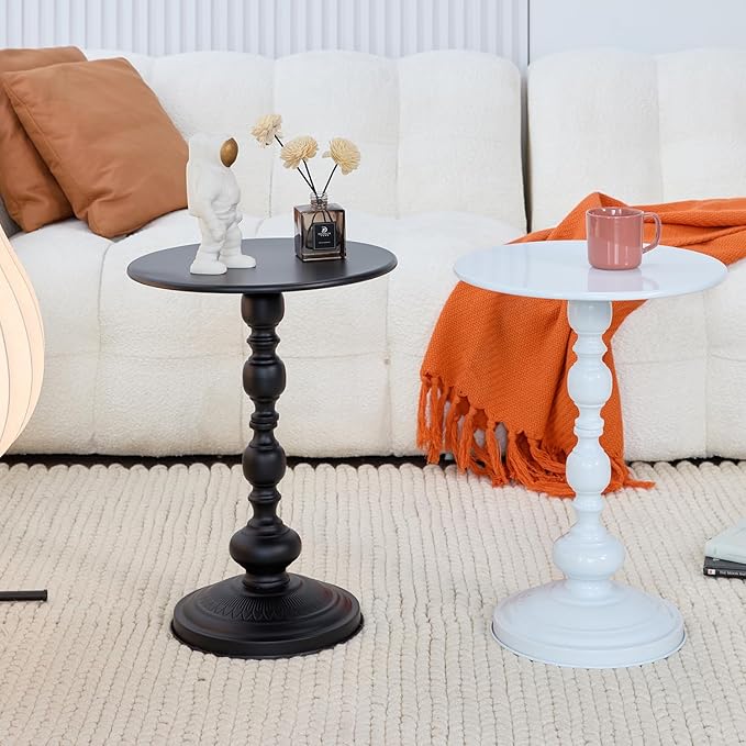 Elegant Vintage Round Side Table with Roman Columns - Sturdy Metal Design, Perfect as a Coffee, End, Tea, or Leisure Table for Living Room and Bedroom Decor, (Black+White 1pack)