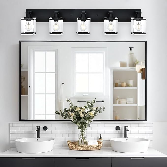 5-Light Modern Vanity Lighting, Black Bathroom Light Fixture Over Mirror with Rectangular Clear Glass,E26 Bulb Base
