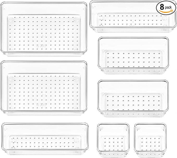 8 Pack Clear Drawer Organizer, 4 Sizes Organization and Storage Trays, Drawer Organizer Bins for Kitchen, Vanity, Bathroom, Office