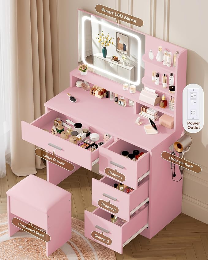 Makeup Vanity Desk Set, 35.4" Wx15.7”Dx53.9“H, Pink (Smart LED Mirror, with Cushion Stool, Hairdryer Rack, Power-Outlet, 4 Drawers, Open Shelves)