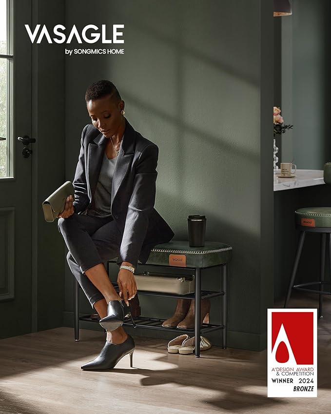 VASAGLE EKHO Collection - Shoe Rack Bench, Storage Bench for Entryway, Synthetic Leather with Stitching, Mid-Century Modern, Loads 300 lb, 11.8 x 31.5 x 19.7 Inches, Forest Green ULSB054C01