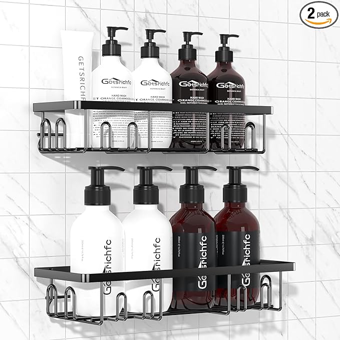 Adhesive Shower Caddy, Shower Shelves with 16 Hooks, Rustproof Shelf Wall Corner Racks for Inside Bath, No Drilling & Sleek Bathroom Organizers and Storage Caddies Soap Holder, 2 Pack