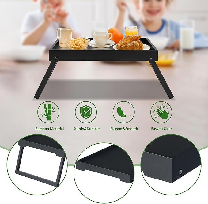 Bamboo Bed Tray Table with Foldable Legs, Breakfast Tray, Laptop Desk for Bed or Sofa,Food,Dinner,Serving,TV Table Kitchen, Eating,Working, Reading(Black)