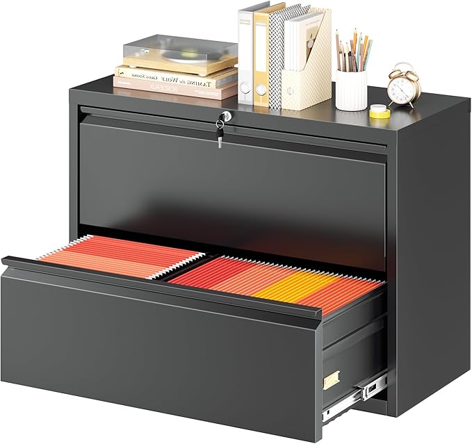 Greenvelly Lateral File Cabinet 2 Drawer, Lockable Metal Filing Cabinet for Home Office, Black Metal File Cabinet with Lock for Legal/Letter/A4/F4 Size with Hanging Bars&Key