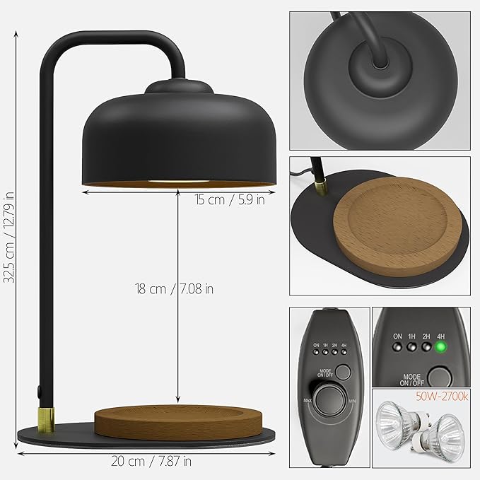 Candle Warmer Lamp with Timer, Electric Candle Warmer Lamp for Jar Candles, Home Decor Gift Candle Lamp Warmer with 2 Halogen Bulbs (Black)