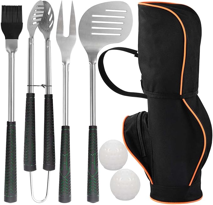 POLIGO 7PCS Golf-Club Style BBQ Tools Set Grilling Tools with Rubber Handle - Stainless Steel Grill Accessories for Outdoor Grill Set Premium Grill Utensils Set Christmas Birthday Gifts for Men Dad