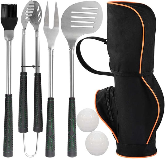 POLIGO 7PCS Golf-Club Style BBQ Tools Set Grilling Tools with Rubber Handle - Stainless Steel Grill Accessories for Outdoor Grill Set Premium Grill Utensils Set Christmas Birthday Gifts for Men Dad