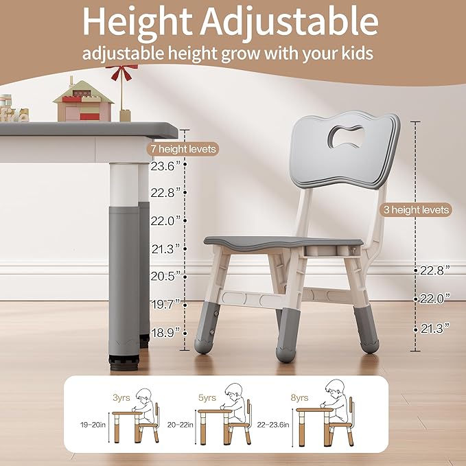 Toddler Table and 2 Chairs, Kids Table and Chair Set Height Adjustable, 31.5''L x 23.6''W Multifunctional Graffiti Desktop for Reading, Drawing, Eating, for Girls & Boys Age 2-10, Grey-02