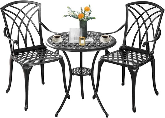 Bistro Set 3 Piece Outdoor,Cast Aluminum Outdoor Bistro Set,All Weather Bistro Table and Chairs Set of 2 with 1.97" Umbrella Hole,Patio Bistro Sets for Garden(Woven Black)