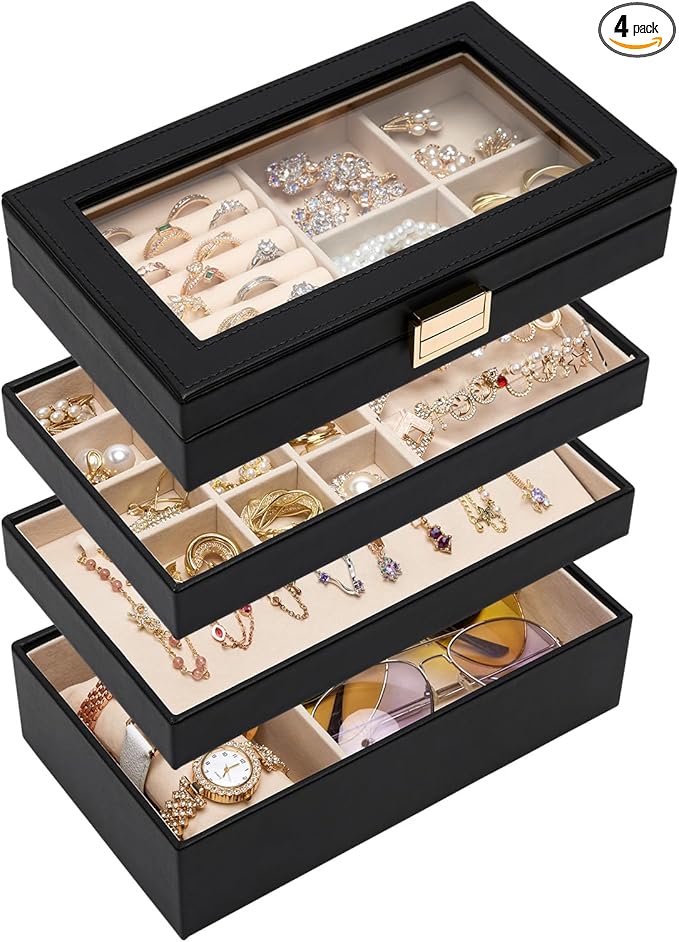 Homde Jewelry Tray Stackable Jewelry Box Drawer Organizer with Glass Lid, Removable Dividers for Vanity Table Gift Idea for Girls and Women (Black)