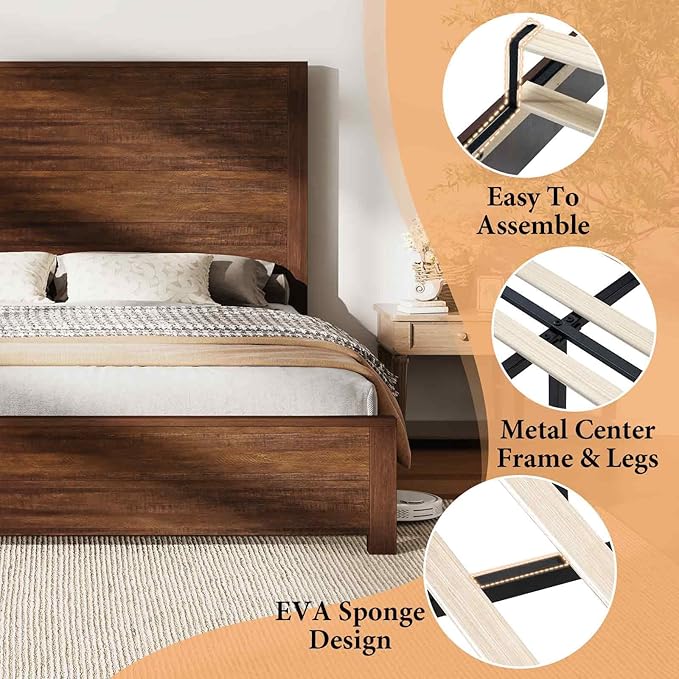 AMERLIFE 51.2" Full Size Wood Bed Frame, Rustic Platform Bed with Spliced Headboard, Wood Slats Support/No Box Spring Needed/Noiseless/Reclaimed Barnwood