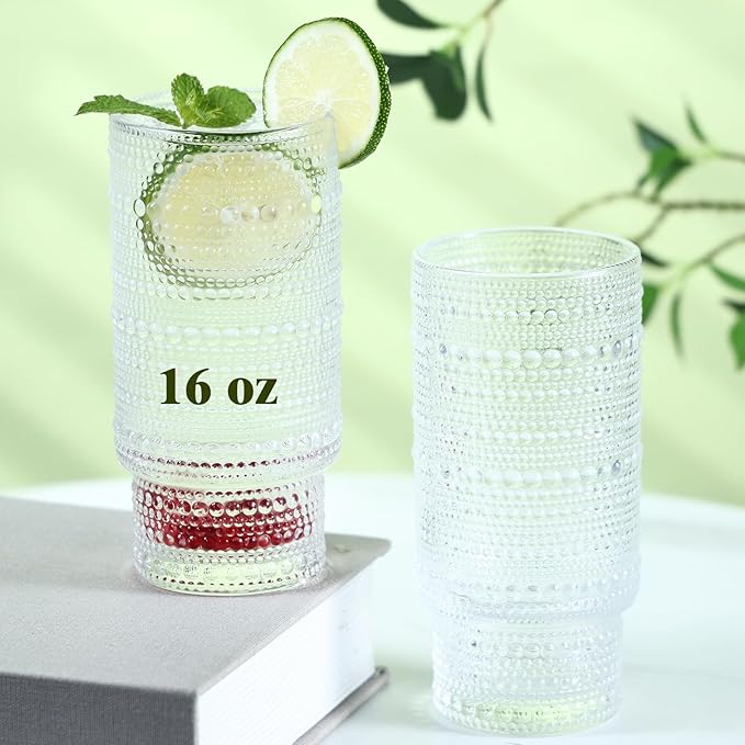 6pcs Hobnail Drinking Glasses Set, 16 oz Vintage Glassware Drinking Glasses, Clear Water Glasses Tumbler, Cups for Kitchen, Juice, Beer, Cocktail, Whiskey