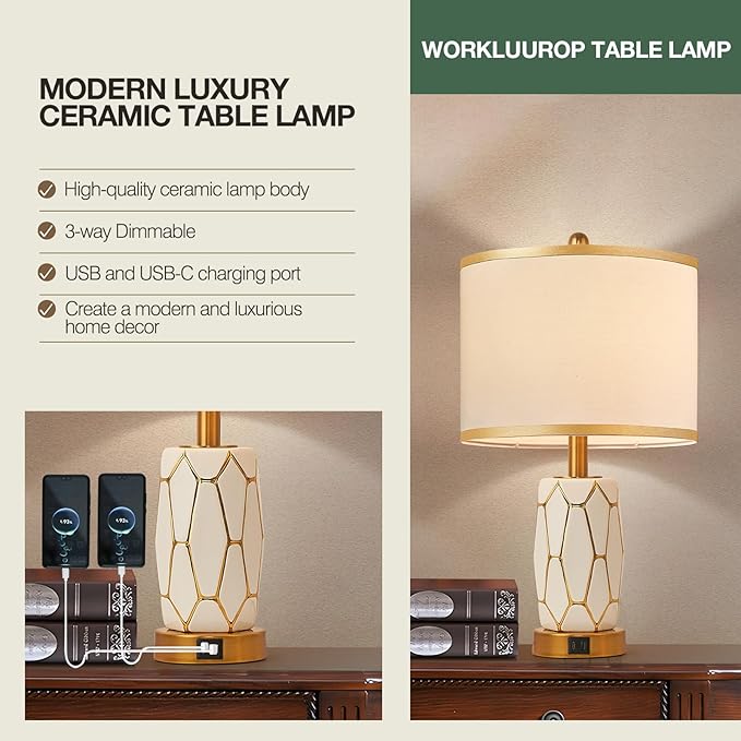 Set of 2 Touch Control Ceramic Table Lamps for Bedroom Livingroom,Modern Black/White, with USB Ports,Bedside Nightstand Lamp with Fabric Drum Lampshade,Blubs Included (White)