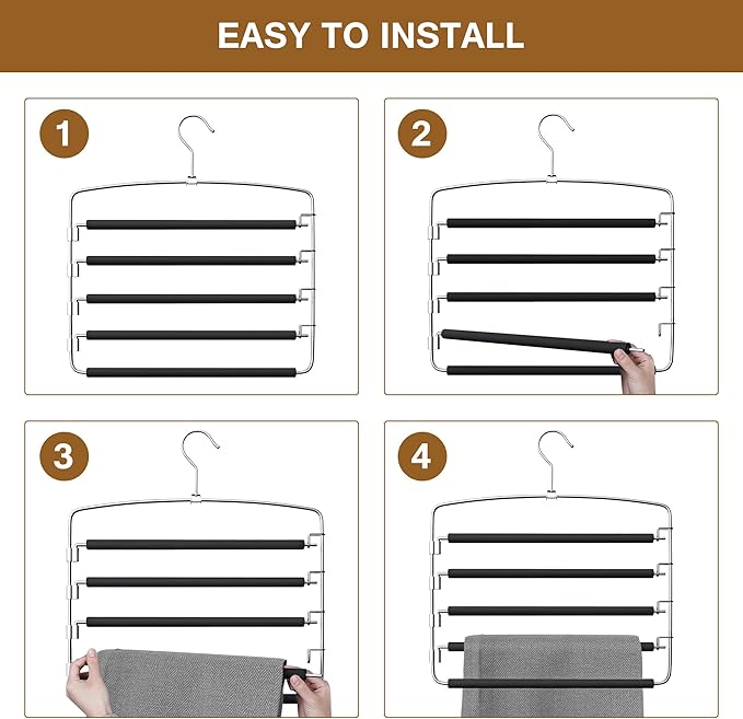 Pants Hangers Space Saving, 2 Pack Anti-Slip Space Saving Hangers, 5 Layer Swing Arm Pants Hanger Stainless Steel with Non-Slip Padding, Closet Organizers & Storage for Pants Trousers Jeans