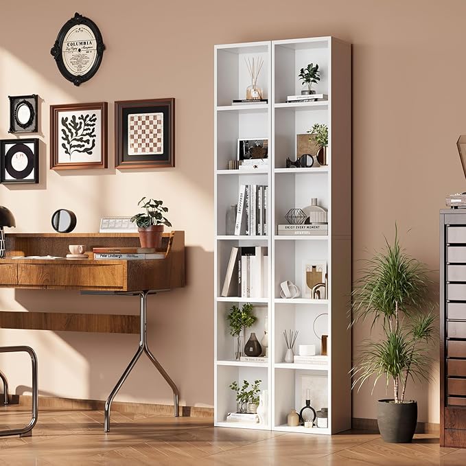 oneinmil 71.5" Tall Narrow Bookshelf, 6-Tier Cube Display Rack, Modern Corner Bookshelf with Storage Space, CD Storage Cabinet for Home Office (White 1 Pack, 6-Tier)