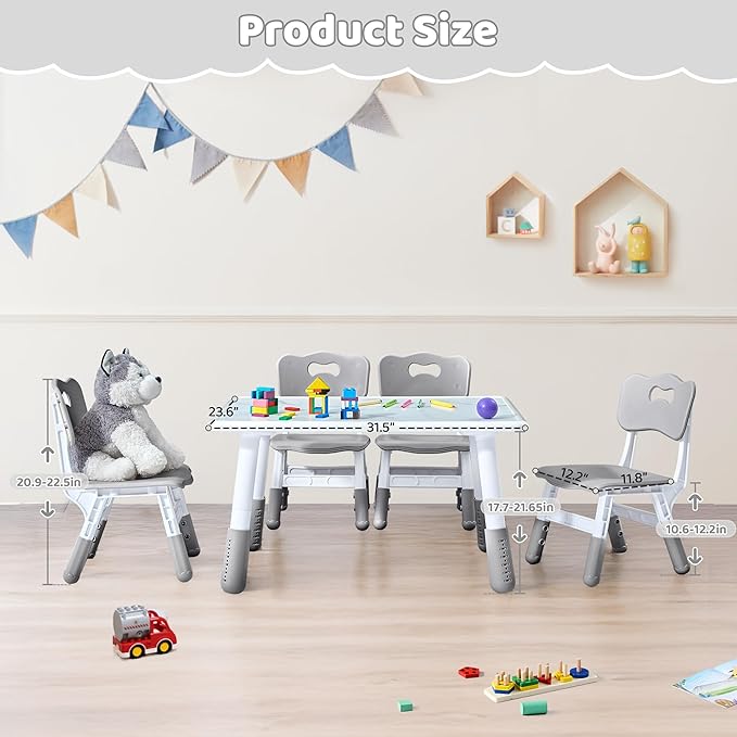 Toddler Table and 4 Chairs Set, Height Adjustable Kids Table and Chairs, 31.5''L x 23.6''W, Marble Pattern & Graffiti Desktop, Children Multi-Activity Table for Home/Daycare/Classroom