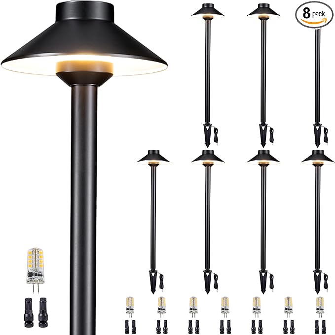 Brass Low Voltage Path Lights - 12V LED Landscaping Pathway Lamp IP65 Waterproof, Wired Walkway Lighting Outdoor, Black for Lawn Backyard with 3W 4000K Neutral White G4 Bulb (8 Pack)