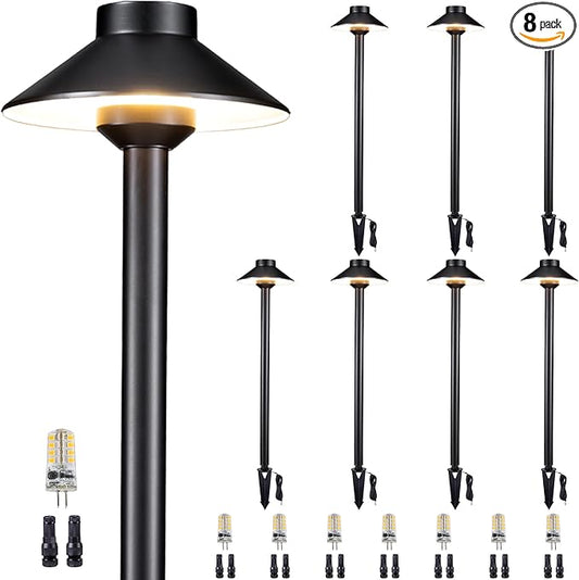 Brass Low Voltage Path Lights - 12V Landscaping Pathway Light IP65 Waterproof, Wired Walkway Lighting Outdoor, LED Black for Lawn Backyard with 3W 5000K Daylight G4 Bulb (8 Pack)