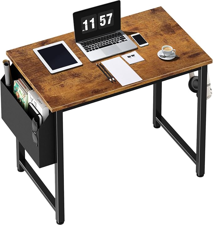 Lufeiya Small Computer Desk Study Table for Small Spaces Home Office 31 Inch Rustic Student Laptop PC Writing Desks with Storage Bag Headphone Hook,Brown