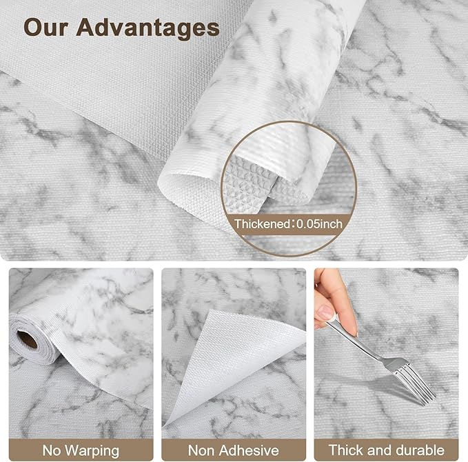 OcePor Non-Adhesive Drawer and Shelf Liner 24IN x 20FT，Non Slip Cabinet and Cupboard Liner, Kitchen Cabinet Liners for Shelves, Waterproof Drawer Shelf Liners for Cabinets/Bathroom Cupboard, Marble