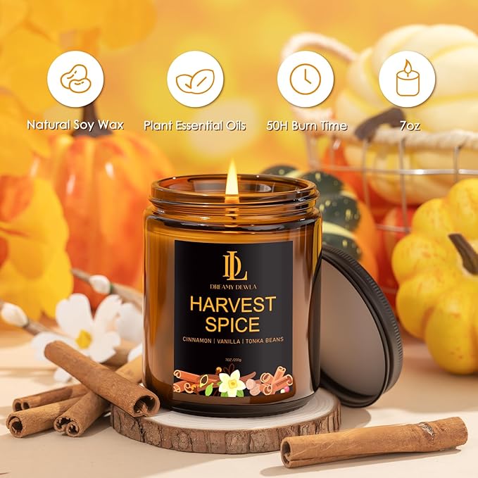Fall Candle | Harvest Spice Scented Candle - Autumn Home Decor, 7oz Autumn Soy Candles with 50hr Burn Time, Holiday Thanksgiving Fall Gifts for Women Men