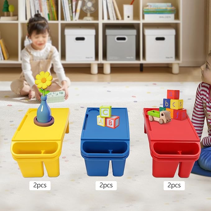 Set of 6 Kids Lap Desk Tray, Portable Activity Table, Plastic, Stackable for Drawing, Writing, Eating, Classroom, 19.69" L x 9.84" W x 7.09" H (Red, Blue, Yellow)