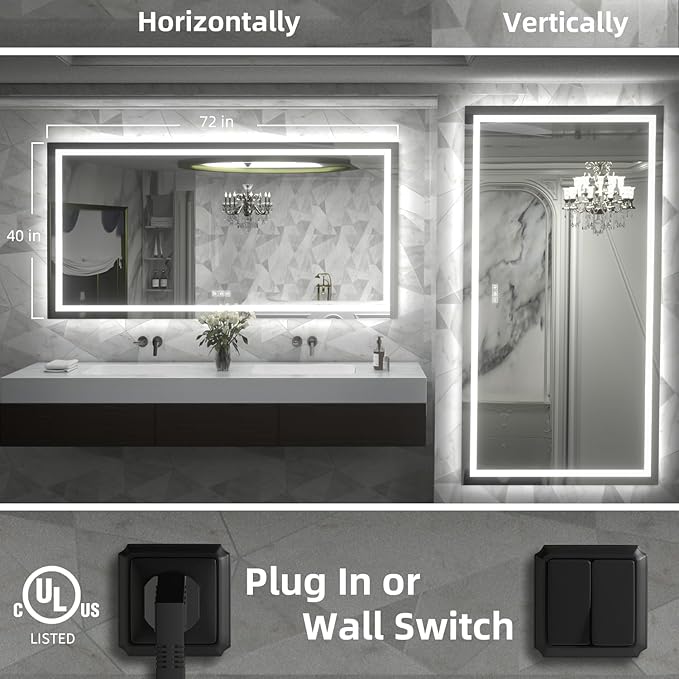 LED Mirror for Bathroom, 72x40 Inch Backlit + Front Lighted Bathroom Vanity Mirror with Lights for Wall, Double Light Strips, 3 Colors, Shatter-Proof, Anti-Fog and Brightness Memory