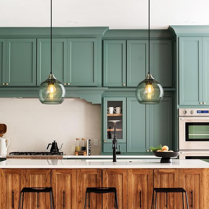 Gray Green Glass Pendant Lights Kitchen Island Lighting Globe Pendant Light Fixtures Modern Pendant Lighting for Kitchen Island Bedroom Living Dining Room Light Fixture(5.9in, 3-Pack)