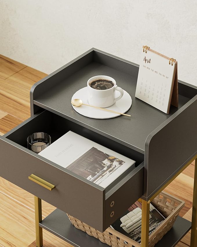 Nightstand,3-Tier Modern Night Stand,Bedside Table with Storage Drawer and Shelf,Small Side Table for Bedroom,Living Room,Gray