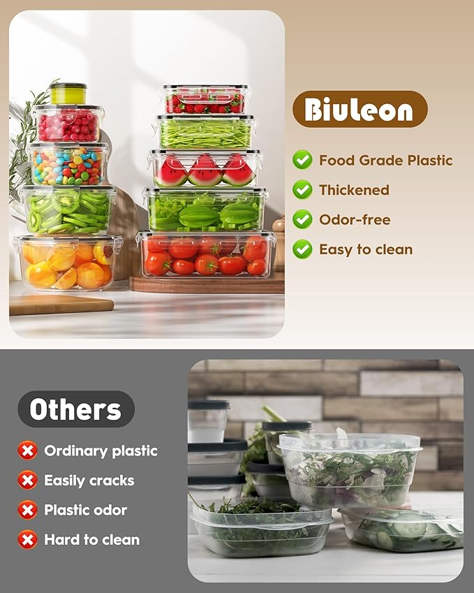 40 PCS Food Storage Containers with Lids Airtight (20 Containers & 20 Lids), 100% Leakproof Meal Prep Container Set for Kitchen Storage, BPA-free, PVC-free Reusable Plastic, Microwave/Dishwasher Safe