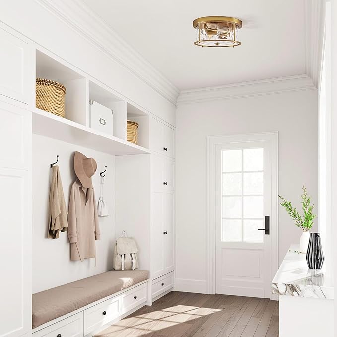 LamQee Flush Mount Ceiling Light with Clear Hammered Glass, Industrial 2-Lights Farmhouse Close to Ceiling Light Fixtures Round Low Profile Lights for Kitchen Hallway Foyer Entrance Bedroom Gold