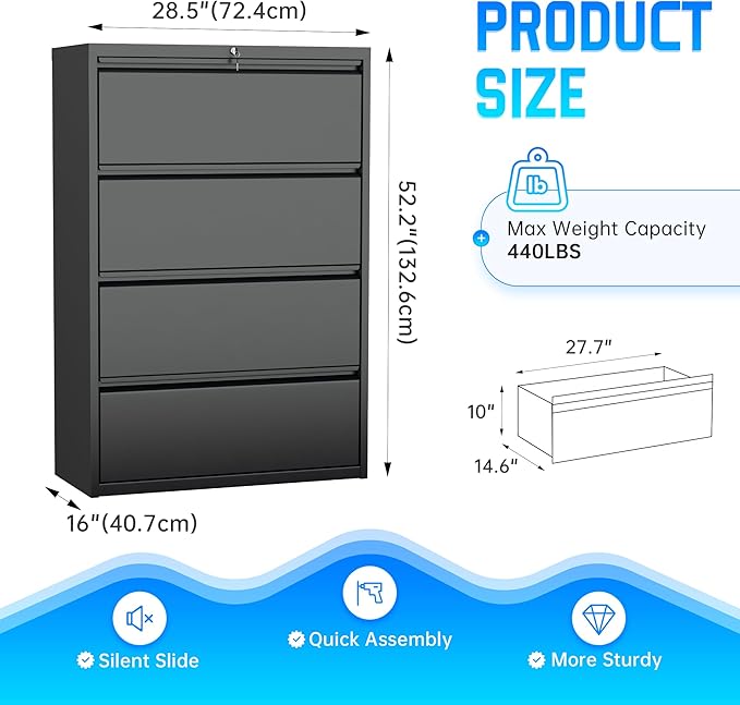 Greenvelly 4 Drawer Lateral File Cabinet with Lock, Black Locking Lateral Filing Cabinet with Drawers, Office Metal File Cabinets for Legal Letter Size with Keys and Hanging Frame