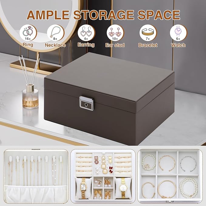 Jewelry Organizer Box for Girls Women,Large Genuine Leather Jewelry Organizers and Storage with Earring Holder Organizer Removable Velvet Jewelry Tray,Christmas Gifts for Mom,Grey