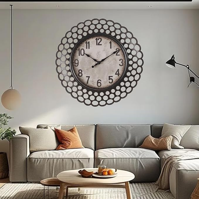 16 Inch Retro Metal Wall Clock, Silent Non-Ticking Battery Operated Round Vintage Clock Decorative for Living Room, Kitchen, Bedroom Decor,Black Arabic Number